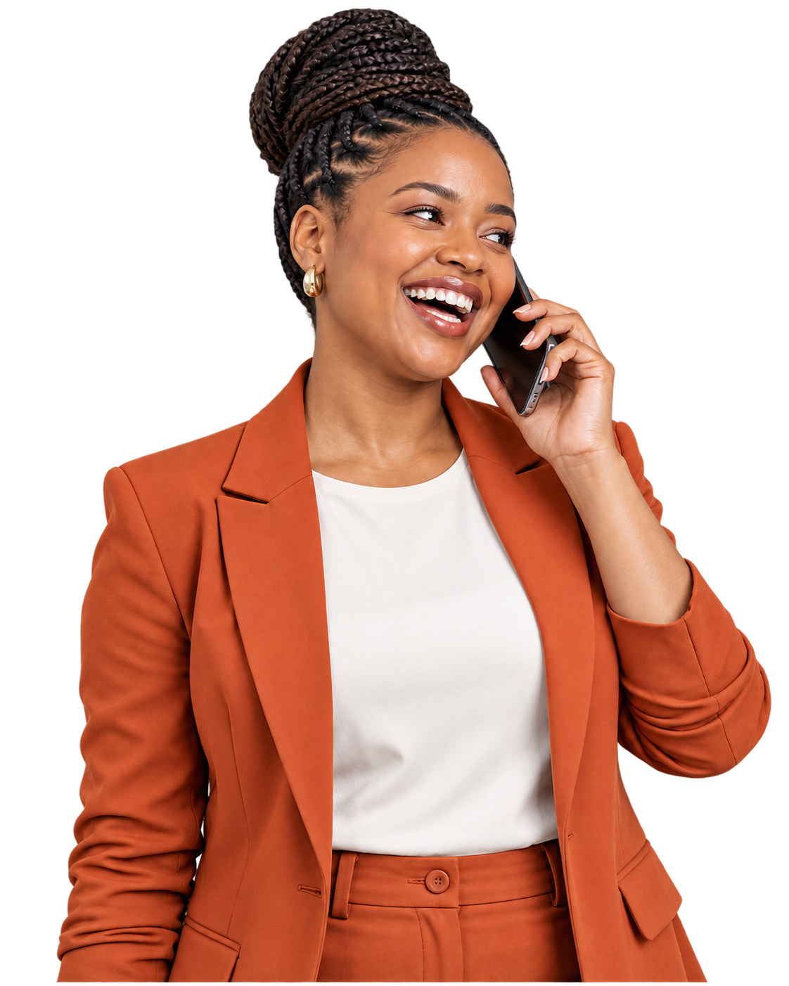 Smiling woman in an orange blazer enjoying a phone conversation